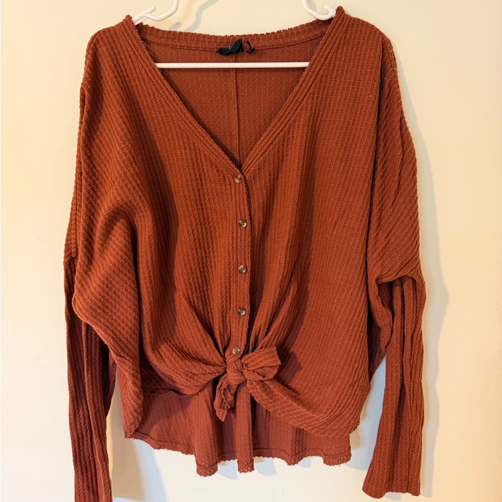 Urban Outfitters Rust Button-Front Waffle Tie Hem Top
